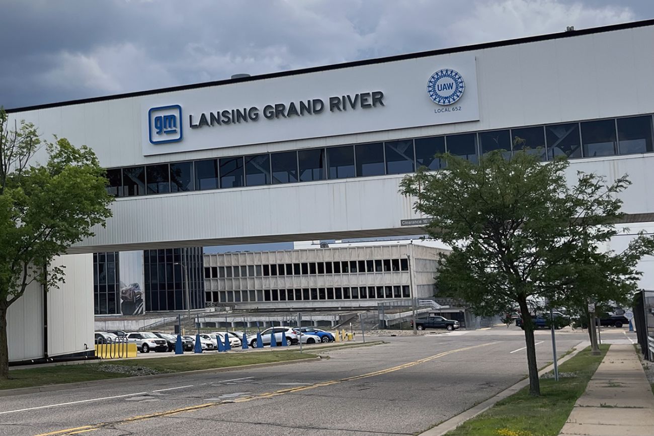 A sign for General Motors’ factory in Lansing.