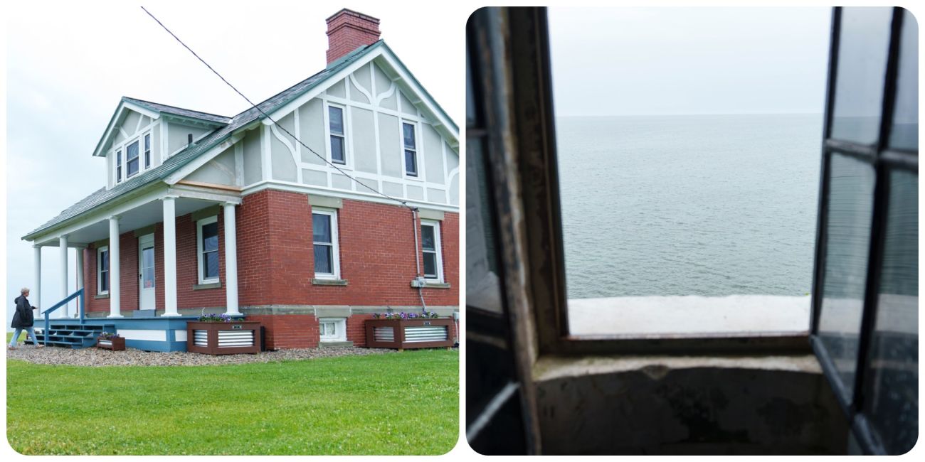 A collage of photos showing a brick building on one side and a view of Lake Huron through a window on the other