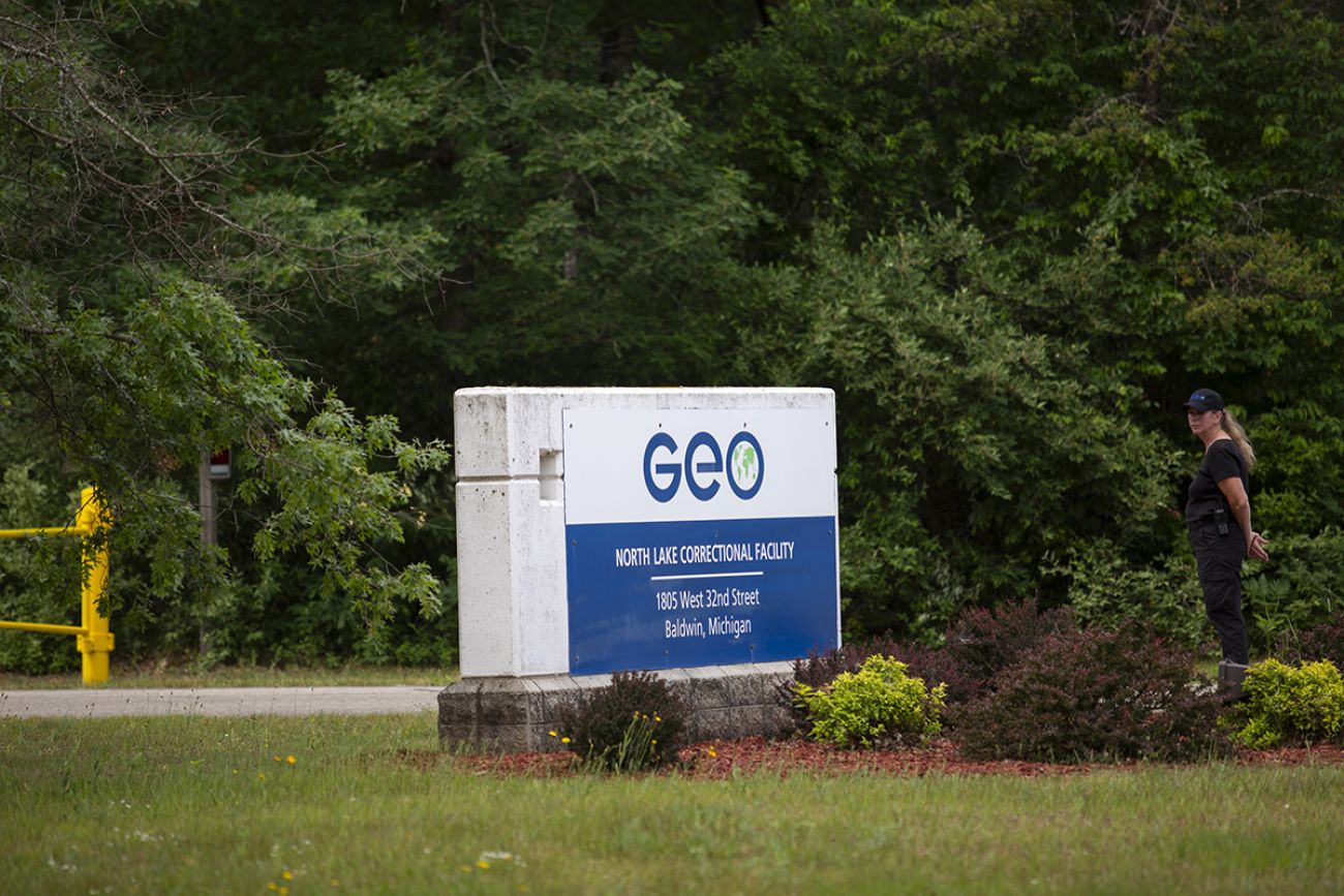 A sign for the North Lake Correctional Facility in Baldwin, Michigan.