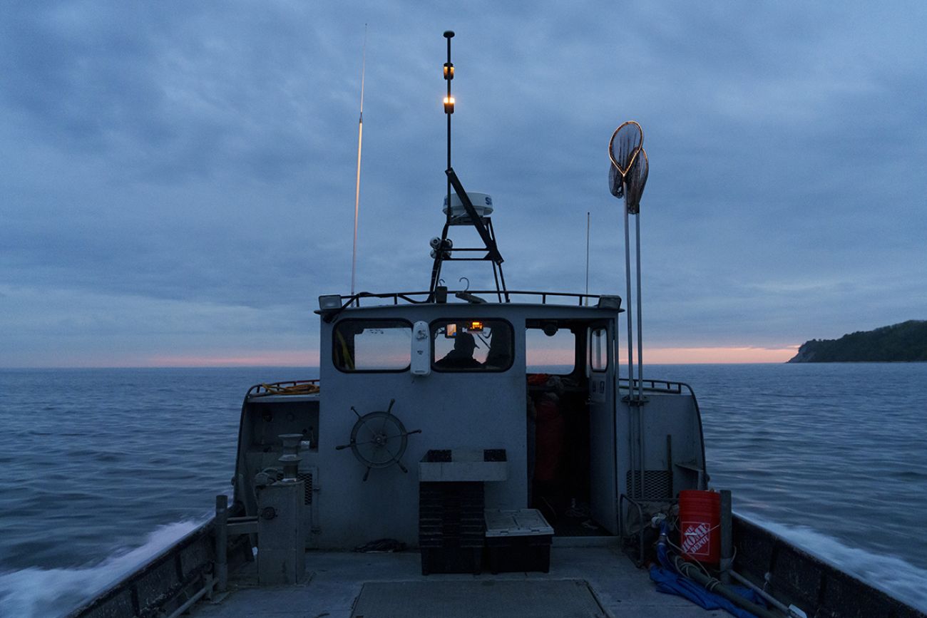 A view from the back of the boat. You can see the boat's bow.