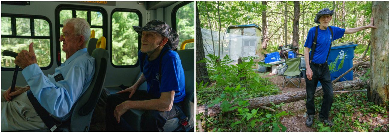 Left: Two men inside a bus. Right: Man poses in the woods.