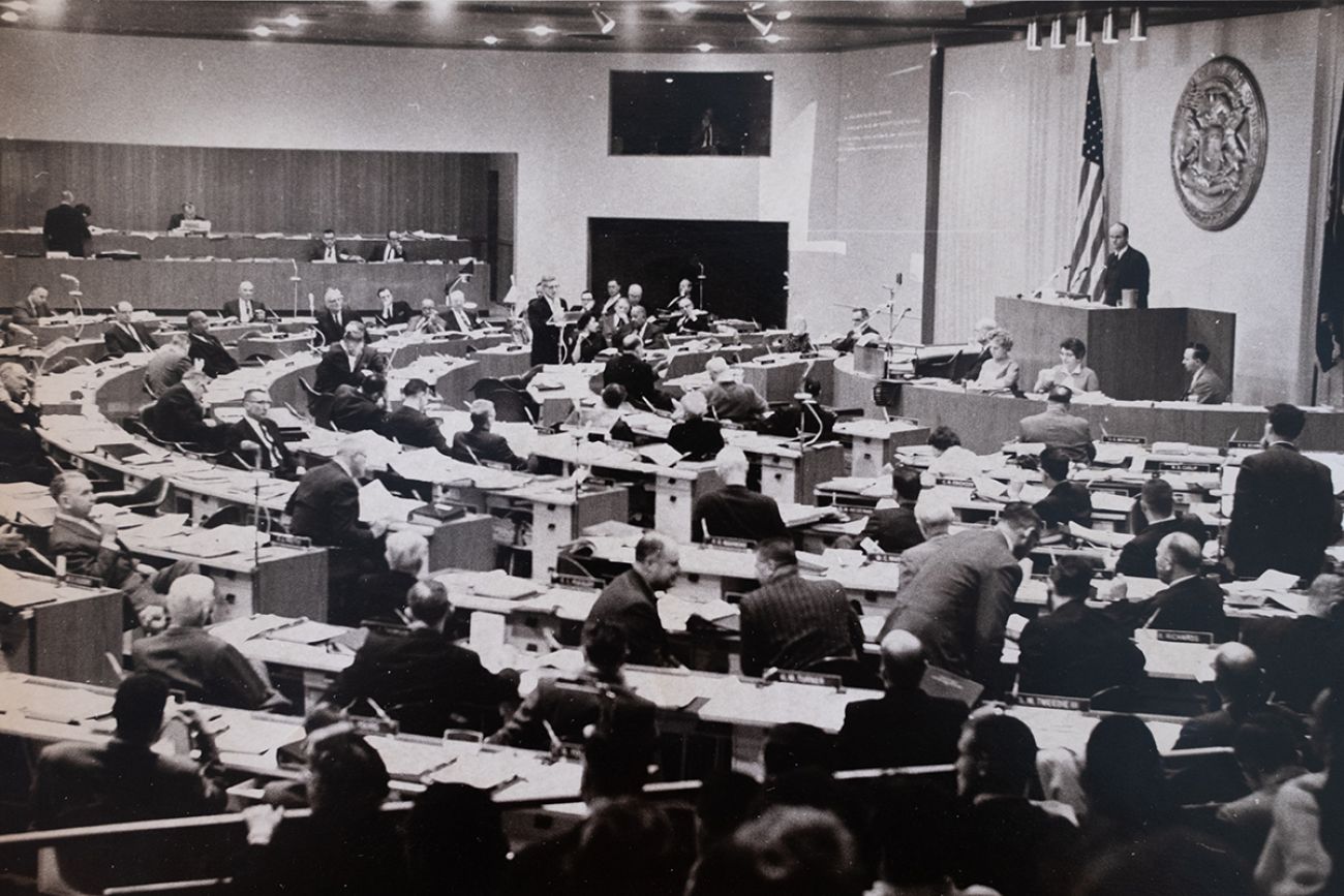 A historic photo of the delegates in a room at Michigan’s constitution convention.