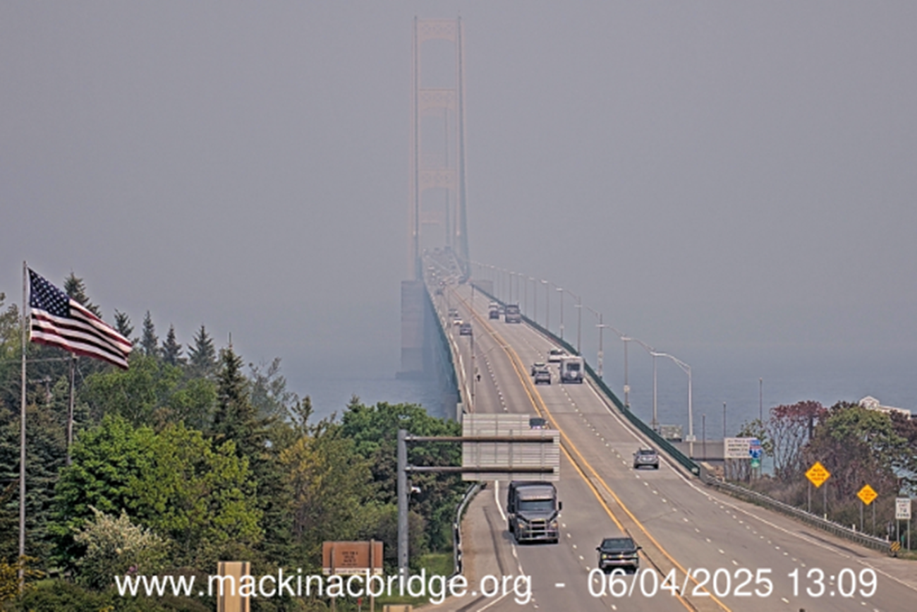The sky looks smoky at the Mackinac Bridge.