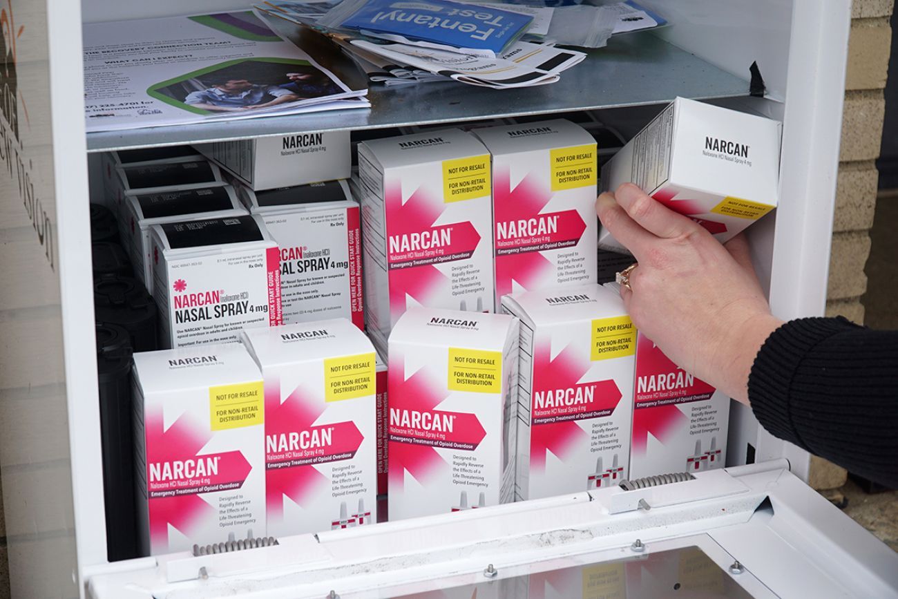 A box filled with Narcan is being filled.