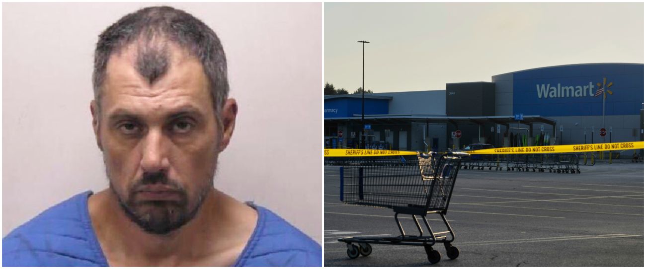 Bradford Gille mugshoot on the left. Police tape at a Traverse City area Walmart on the right.