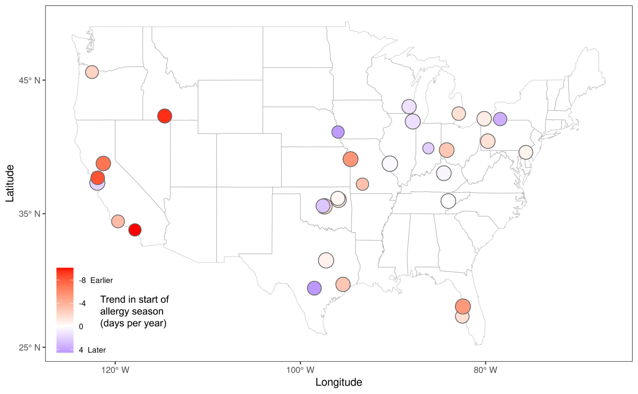 A map of USA. It shows fungal spore allergy season. 