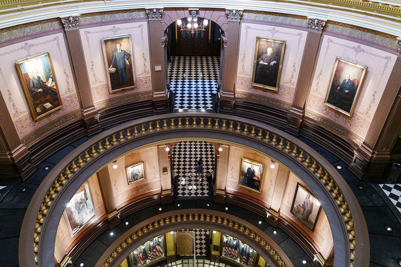 The rotunda inside the Michigan State Capitol building in Lansing, Mich. Portraits of previous state governors are hung on the walls.