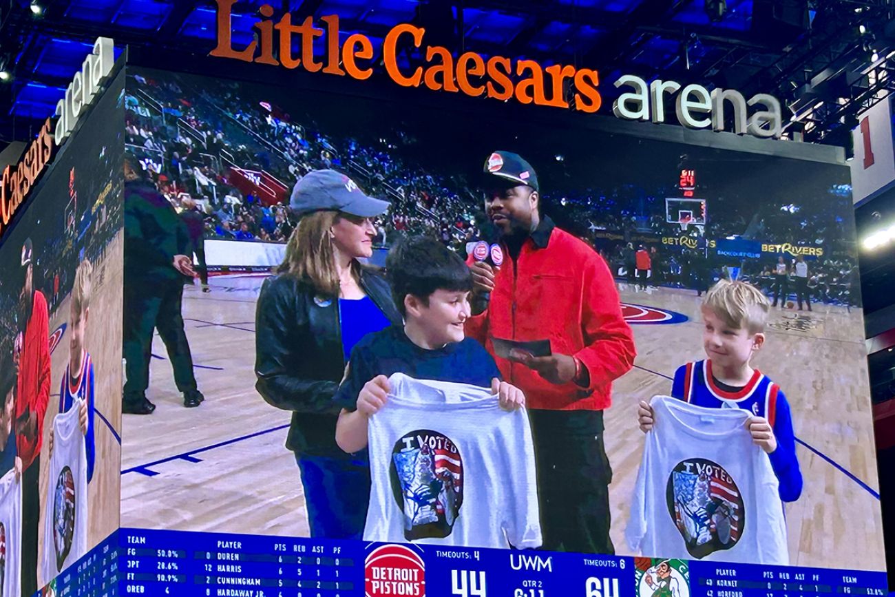 Michigan Secretary of State Jocelyn Benson at a Detroit Pistons game.