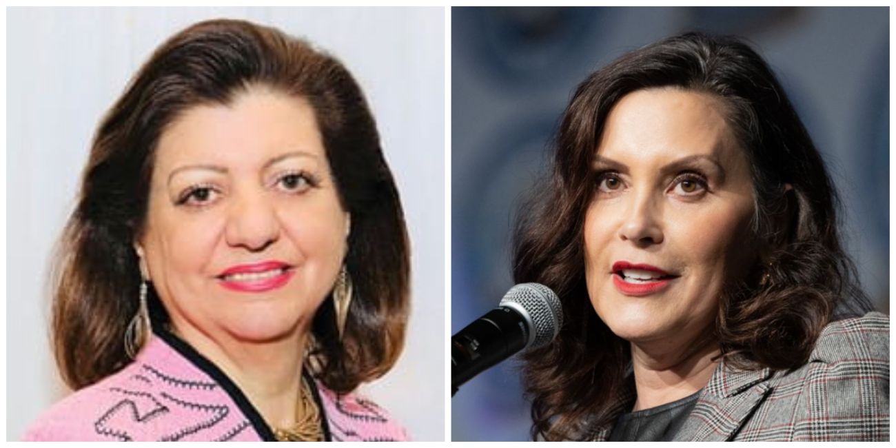 Fay Beydoun headshot on the left and a headshot of Gov. Gretchen Whitmer on the right.