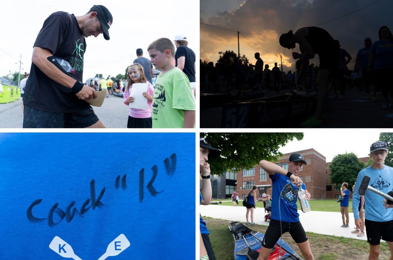 A collage of images shows someone signing autographs, an up-close shot of an autograph, and people running to begin a canoe race