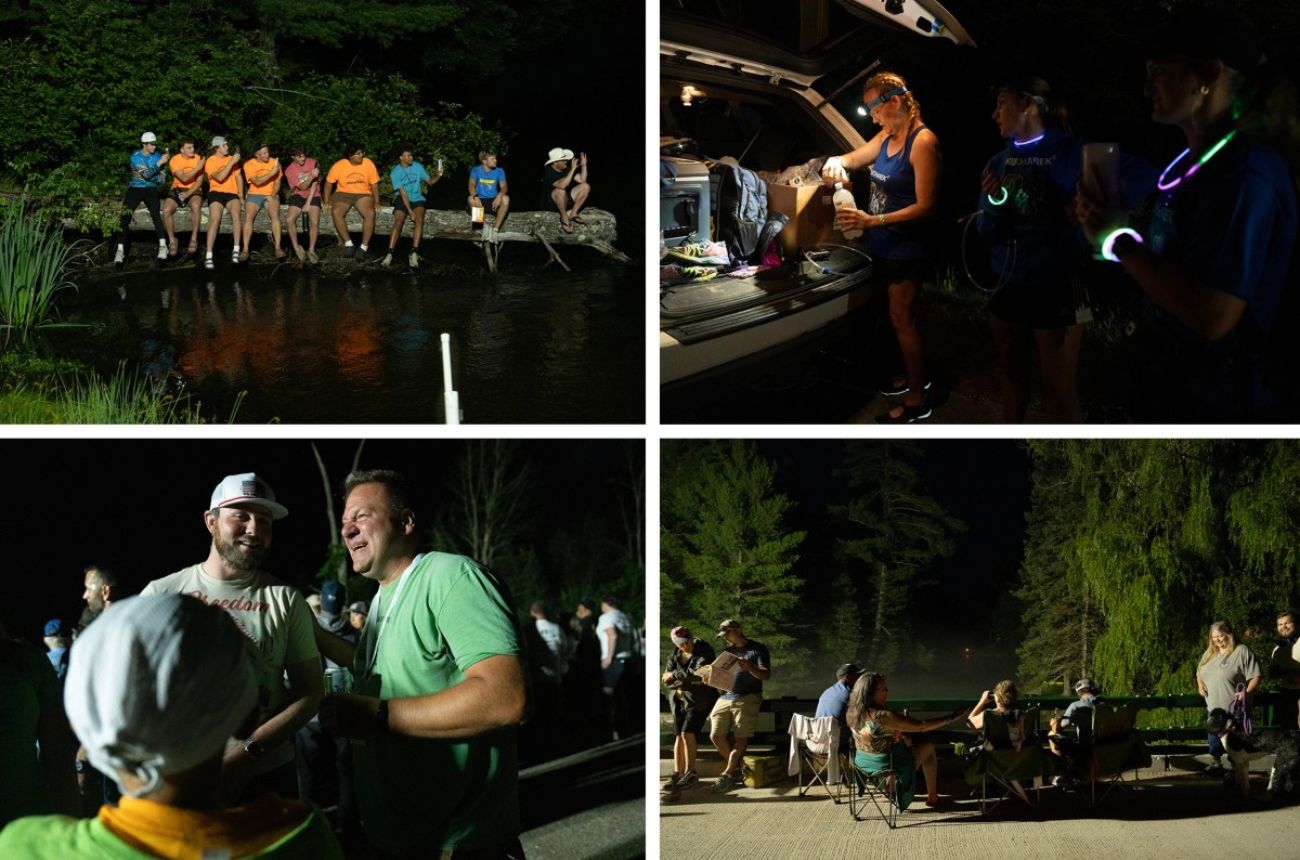 A collage of photos shows several nighttime scenes of a canoe race