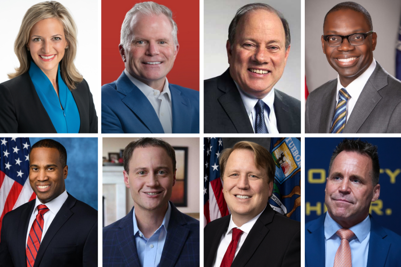 Headshots of Jocelyn Benson, Mike Cox, Mike Duggan, Garlin Gilchrist II, John James, Tom Leonard, Aric Nesbitt and Chris Swanson headshots.