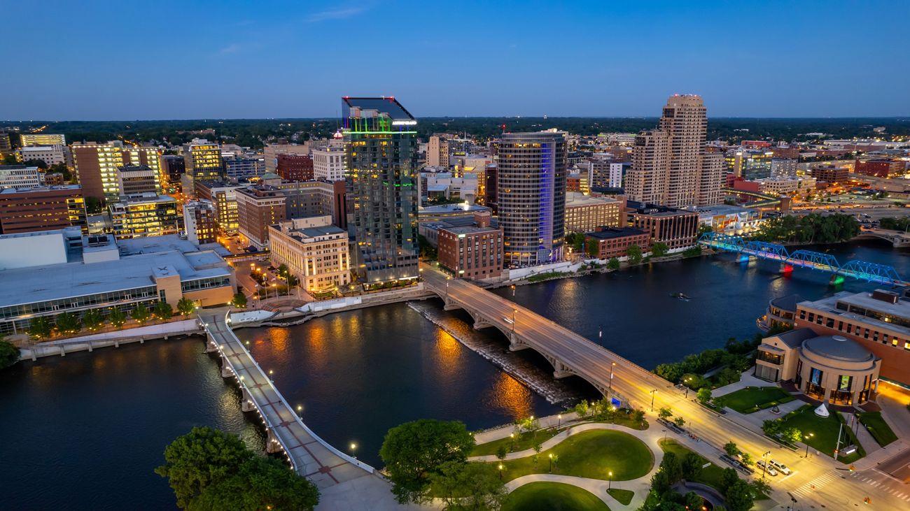 An aerial view of the downtown buildings in Grand Rapids, Michigan.