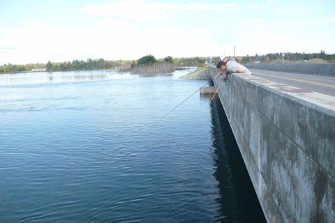 Students from nearby Lake Superior State University fish off the side of the newly built bridge into the Little Rapids.