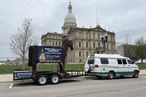 trojan horse in front of Michigan Capitol