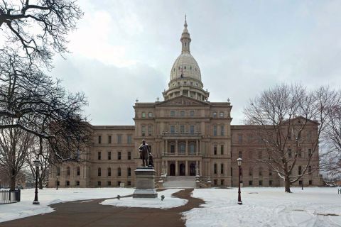 snow outside the Michigan Capitol