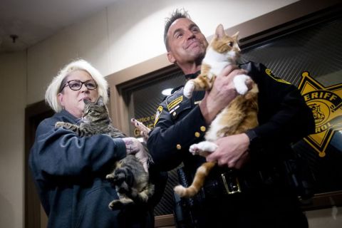 two people, including Genesee County Sheriff Christopher R. Swanson, holding cats