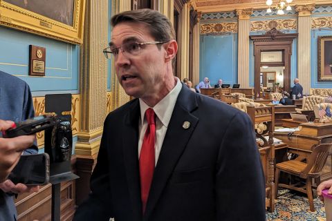 Michigan Sen. Sean McCann talking to reporters