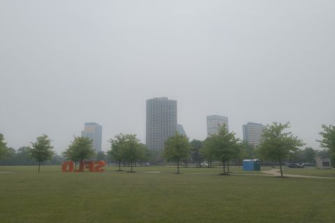 Downtown Southfield in a haze caused by the smoke from the Canadian wildfires