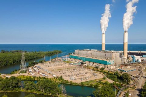 Aerial view of the Monroe Coal-Fired Power Plant on the shore of Lake Erie, Monroe Michigan