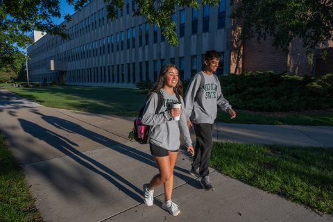 two students walking on MSU campus