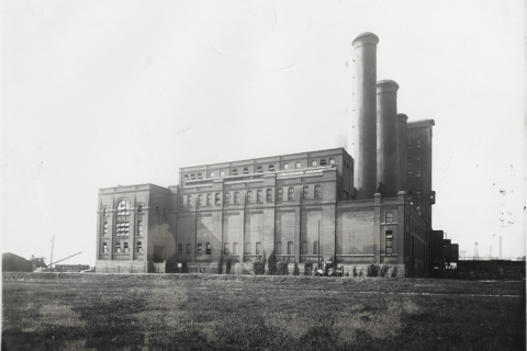 black and white photo of former Detroit Edison plant