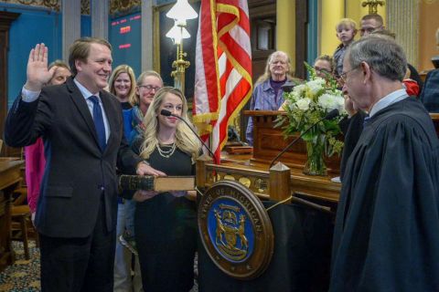 Michigan Senate Minority Leader Aric Nesbitt, R-Porter Township, being sworn in