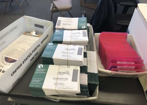 bundles of absentee ballots at a Michigan post office