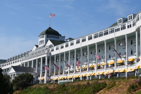 A view of the Grand Hotel, a giant white hotel 