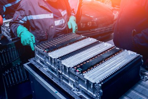 Workers work on electric vehicle battery