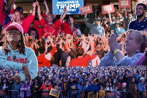 A photo montage of supporters of both Donald Trump and Kamala Harris