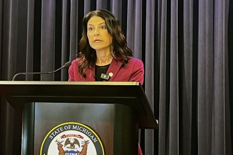 Michigan Attorney General Dana Nessel at a press conference. 