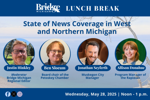 Bridge regional editor Justin Hinkley, Ben Slocum, chair of the board for the Petoskey Chamber, Jonathan Seyferth, city manager of Muskegon, and Allison Donahue, program manager at Grand Rapids nonprofit news source the Rapidian