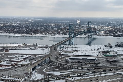 An aerial photo of the Ambassador Bridge during the winter. 