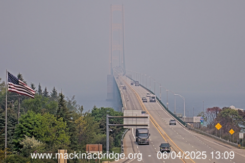 The sky looks smoky at the Mackinac Bridge.