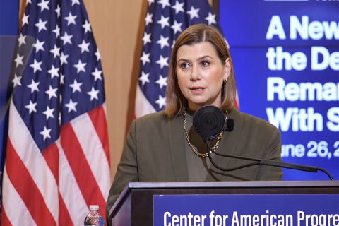 Michigan US Sen. Elissa Slotkin at a podium. 