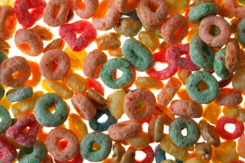 Fruit loops on a table backlit