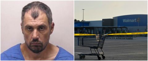 Bradford Gille mugshoot on the left. Police tape at a Traverse City area Walmart on the right.