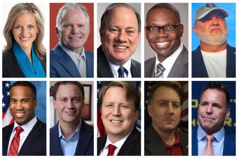 Headshots for Jocelyn Benson, Mike Cox, Mike Duggan, Garlin Gilchrist II, Anthony Hudson, John James, Aric Nesbitt, Tom Leonard, Evan Space and Chris Swanson.
