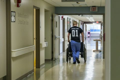 Someone pushes a wheelchair in Hillsdale Hospital in Michigan.