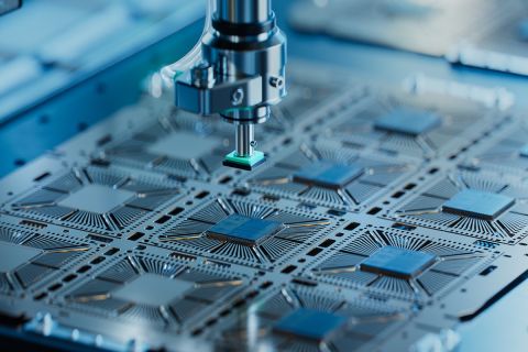 Close-up of Silicon Die are being Extracted from Semiconductor Wafer and Attached to Substrate by Pick and Place Machine. 