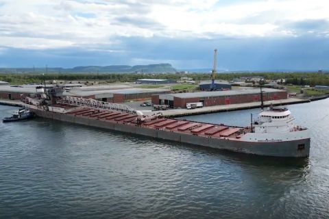 A freighter is seen at dock on the Great Lakes