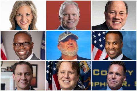Headshots of Jocelyn Benson, Mike Cox, Mike Duggan, Garlin Gilchrist, Anthony Hudson, John James, Tom Leonard, Aric Nesbitt and Chris Swanson. 