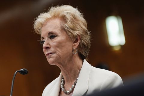 U.S. Education Secretary Linda McMahon wears a white blazer.