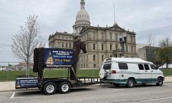 trojan horse in front of Michigan Capitol