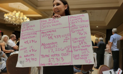 woman holding sign