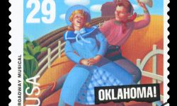 A stamp printed by United States of America, shows heroes of musical "Oklahoma", circa 1993