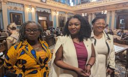 Sen. Sarah Anthony (middle), D-Lansing — along with Sens. Erika Geiss (left), D-Taylor, and Sylvia Santana (right), D-Detroit — speak to reporters