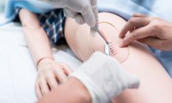 Nursing student were trained how to stitch off with suture wound of the patient. She practice training with the Doll of patient, Before treatment to the real patient.