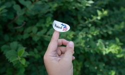 someone holding i voted sticker